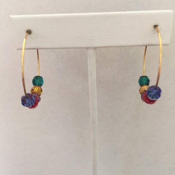 HAND CRAFTED Hoop Earrings Jewel-tone Swarovski Crystals Goldtone Hoops Rainbow - Picture 6 of 12